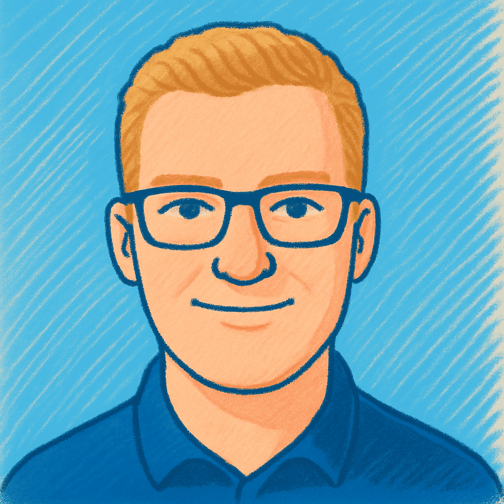 Illustrated portrait of a smiling person wearing glasses