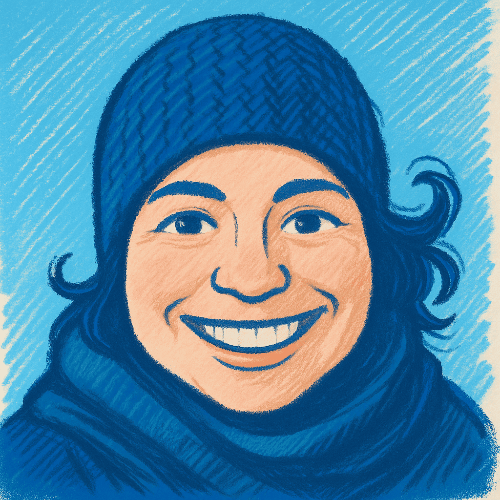 Smiling person wearing a hat and scarf illustration