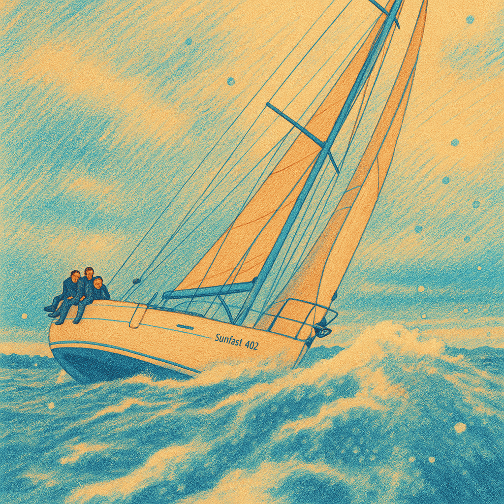 Sailboat Sunfast 402 navigating through rough sea waves