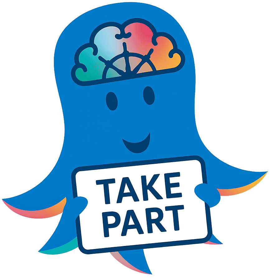 Blue octopus holding Take Part sign