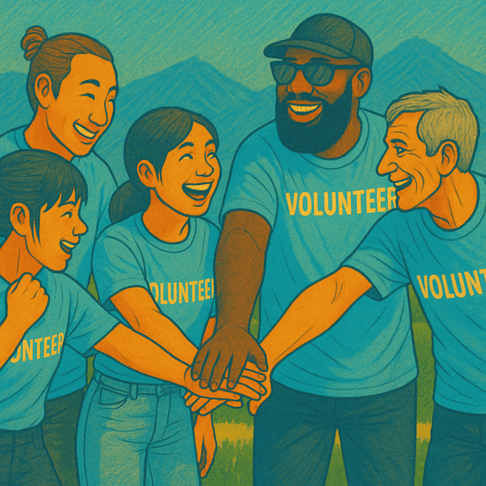 Group of volunteers joining hands outdoors