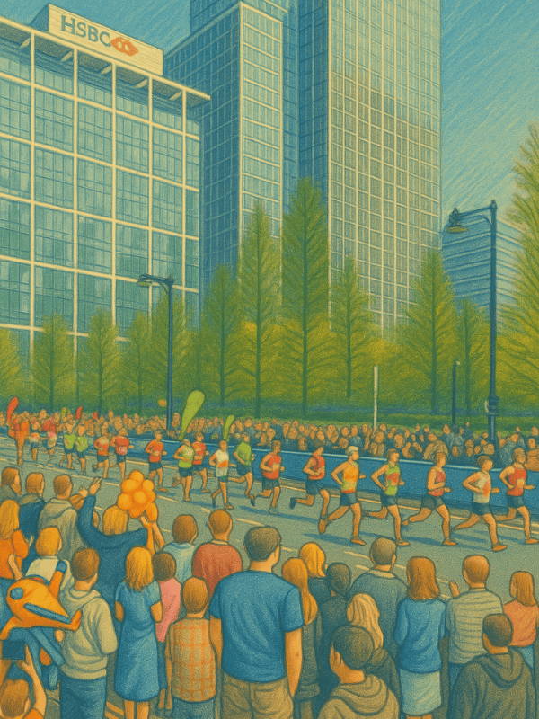 Runners competing in city marathon with cheering crowd.