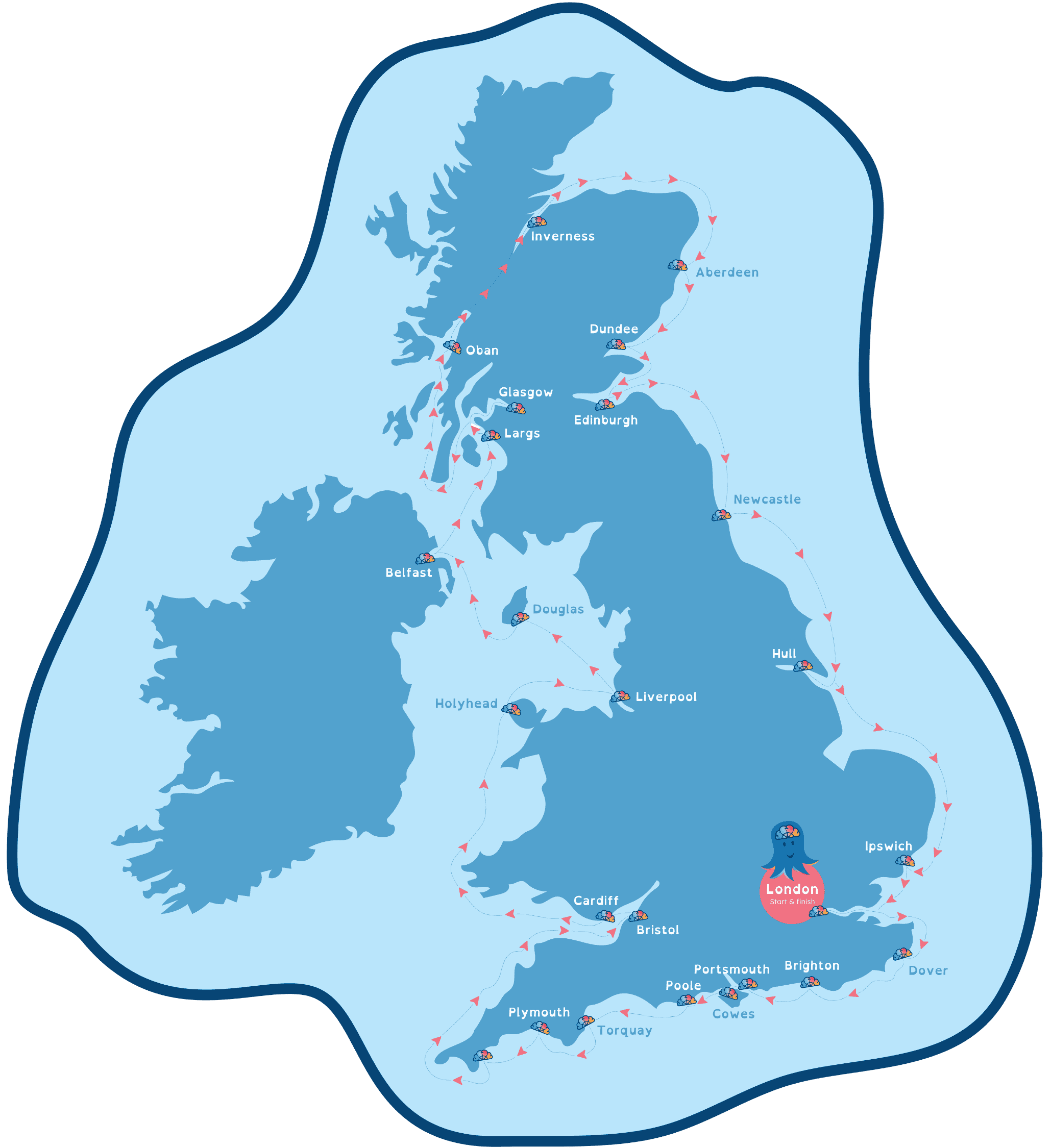 Cruise map around the United Kingdom and Ireland