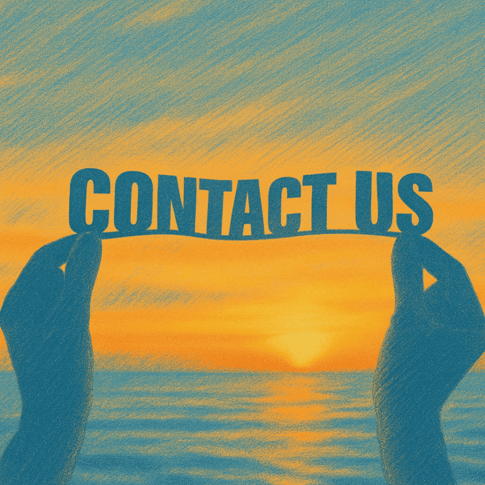 Hands holding contact us sign at sunset