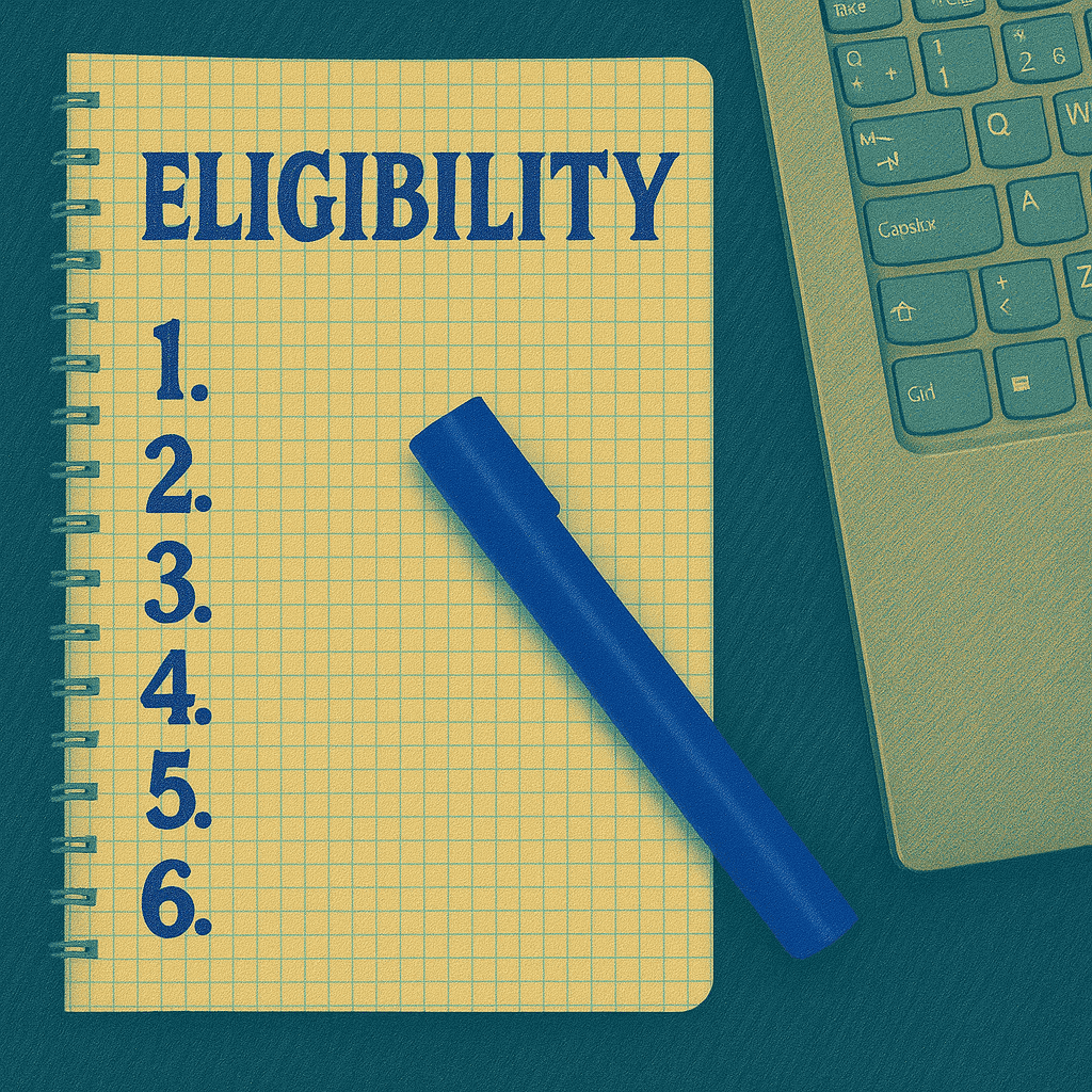 Eligibility checklist notebook beside laptop keyboard