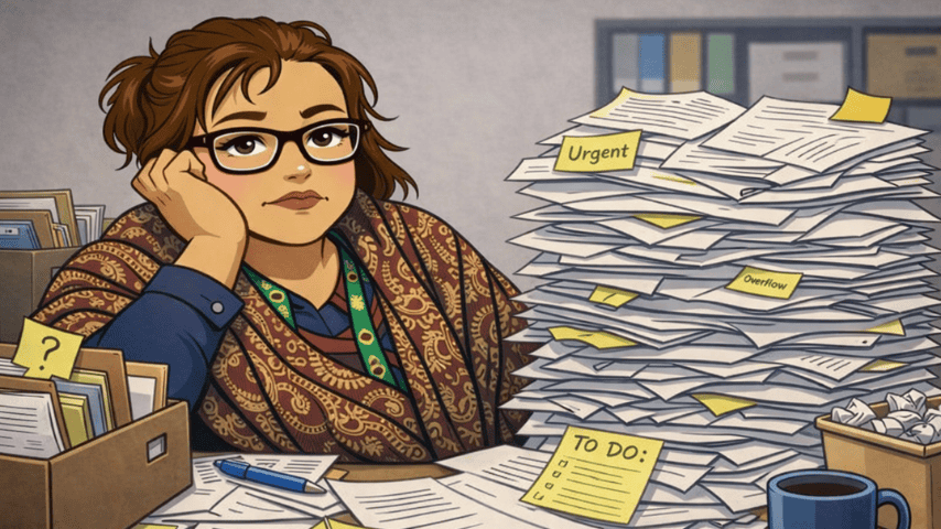 Kat with stacked paper work 2