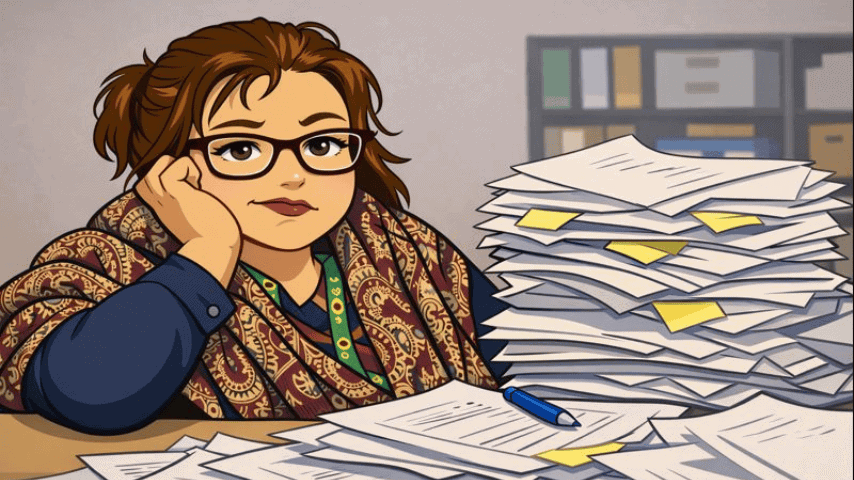 Kat with stacked paper work on desk