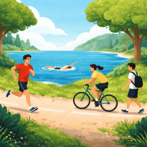 People Swimming, Running, Walking and cycling along side a lake