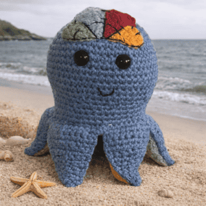 Octopus mascot sat on the beach