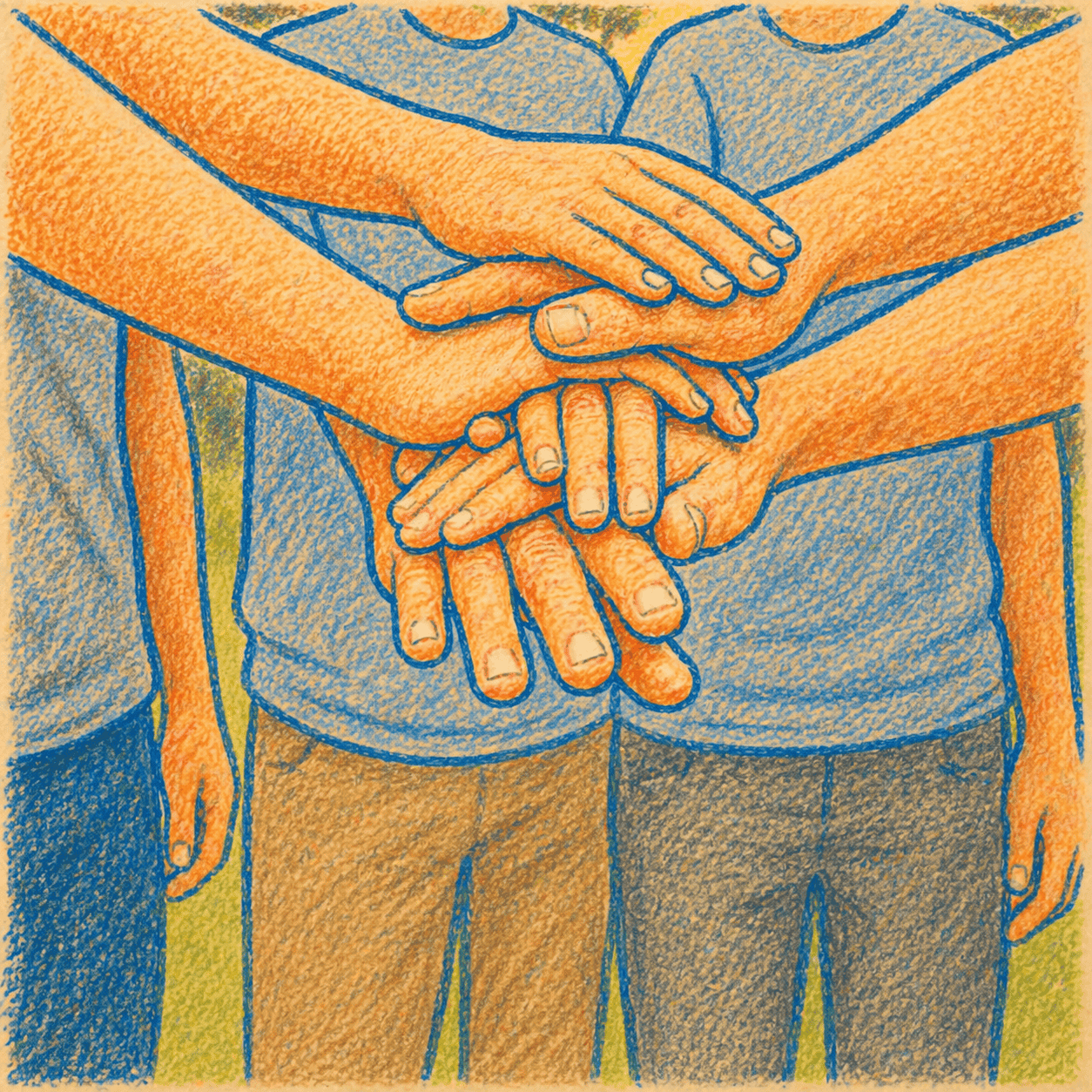 People standing in a circle putting hands in the middle