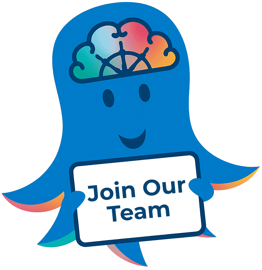 Smiling octopus holding join our team sign