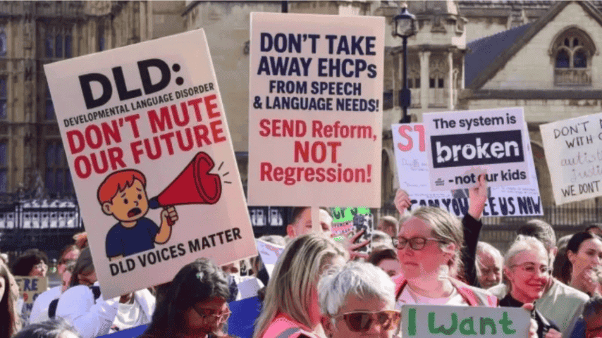 Parents, families and campaigners holding placards at a SEND protest, calling for stronger support, EHCP protections and meaningful reform for children with additional needs.